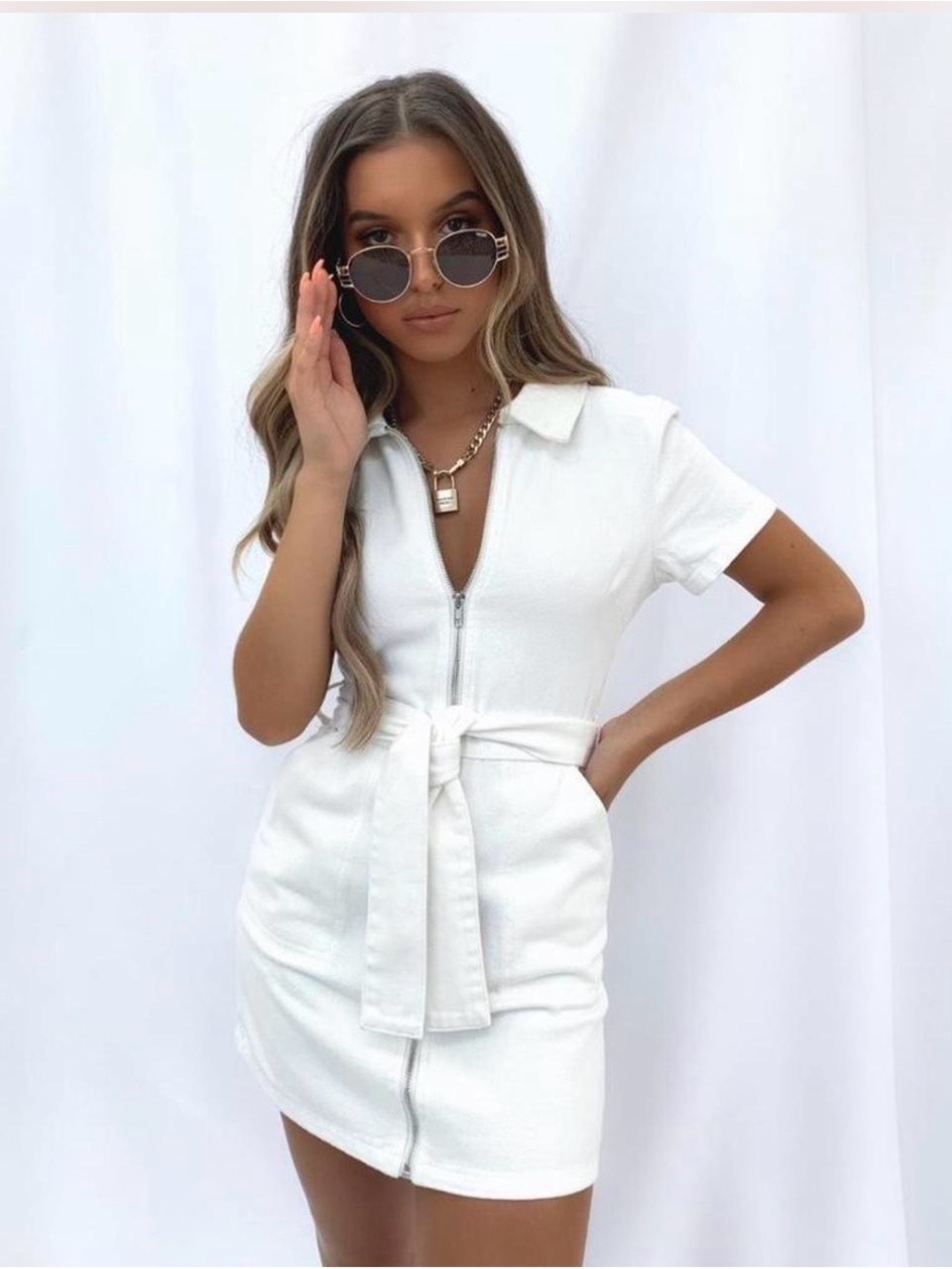 White Fox Boutique White Zip-Front Polo Midi Dress
